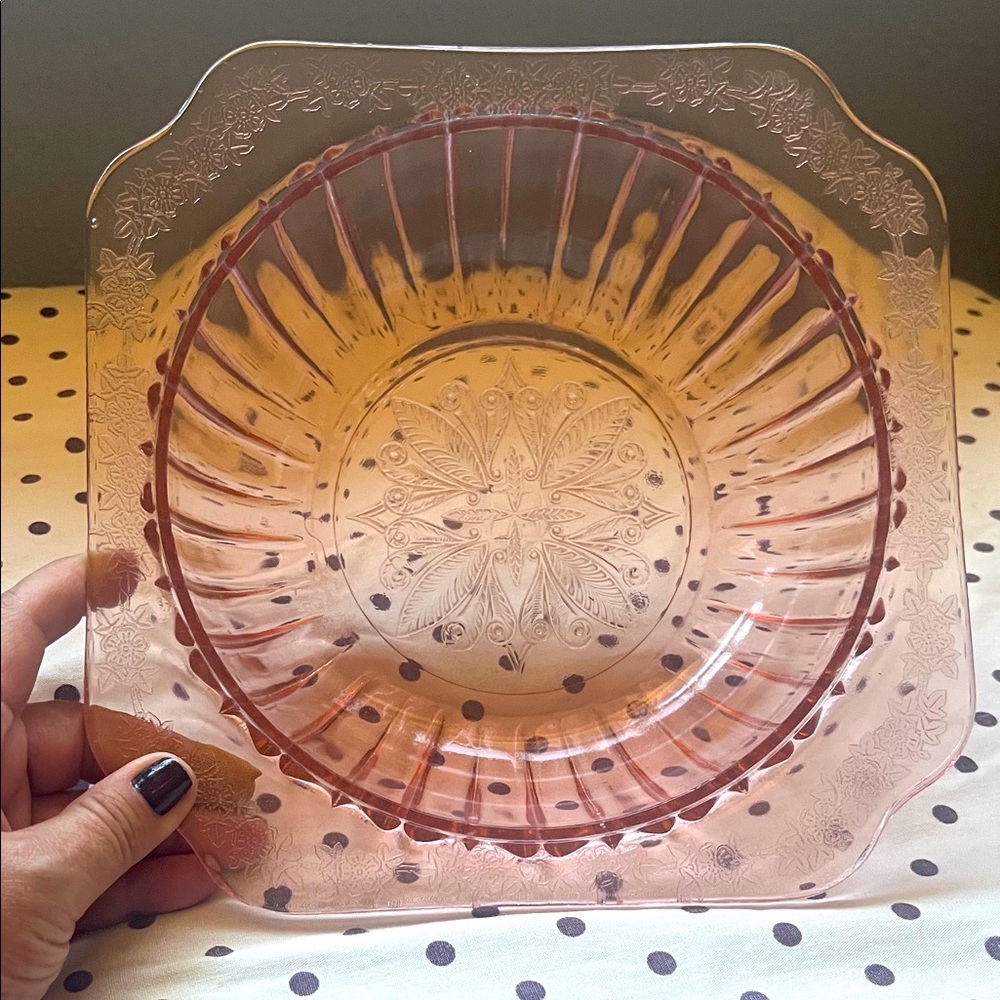 vintage Jeannette Glass Adam Pink Depression Glass Serving Bowl 9” square